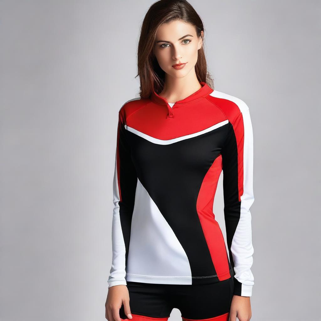 Create a jersey top design with the colors black, red, and white