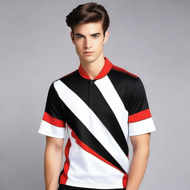 Create a jersey top design with the colors black, red, and white