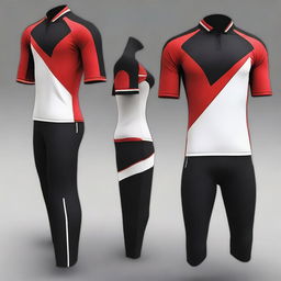 Create a jersey top design with the colors black, red, and white