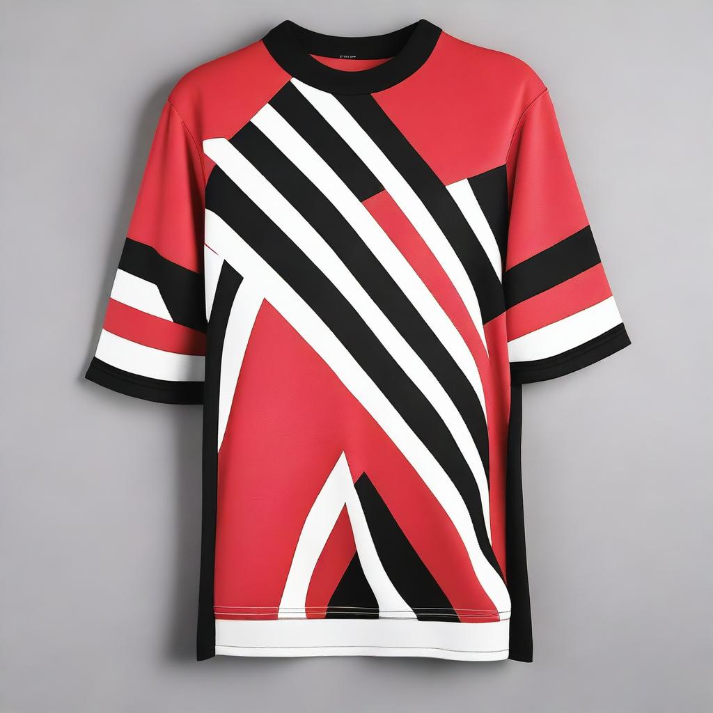 Create a jersey top design with the colors black, red, and white, featuring brush stroke stripes