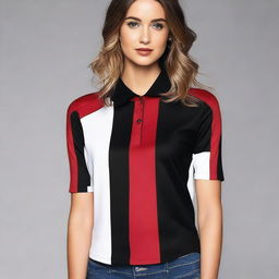 Create a jersey top design with the colors black, red, and white, featuring brush stroke stripes