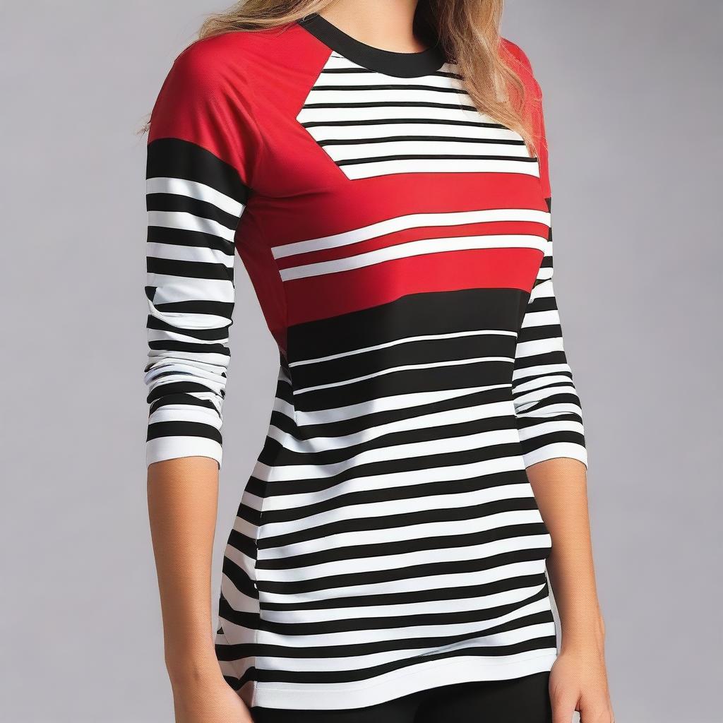 Create a jersey top design with the colors black, red, and white, featuring stripes