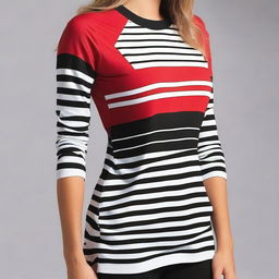 Create a jersey top design with the colors black, red, and white, featuring stripes