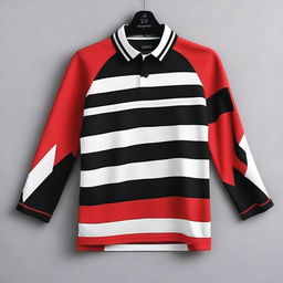 Create a jersey top design with the colors black, red, and white, featuring stripes