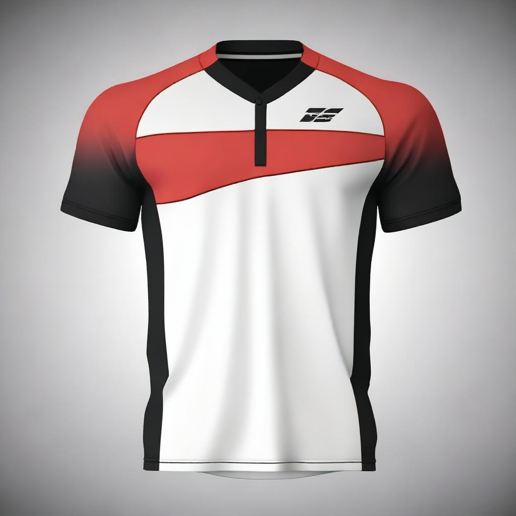 Create a jersey top design with the colors black, red, and white, featuring gradient stripes