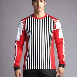 Create a jersey top design with the colors black, red, and white, featuring gradient stripes