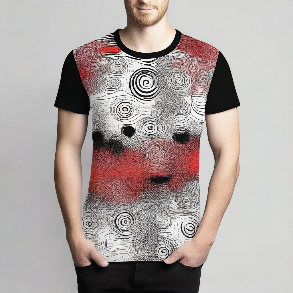 Create a t-shirt design featuring a modern and stylish pattern using the colors red, white, and black