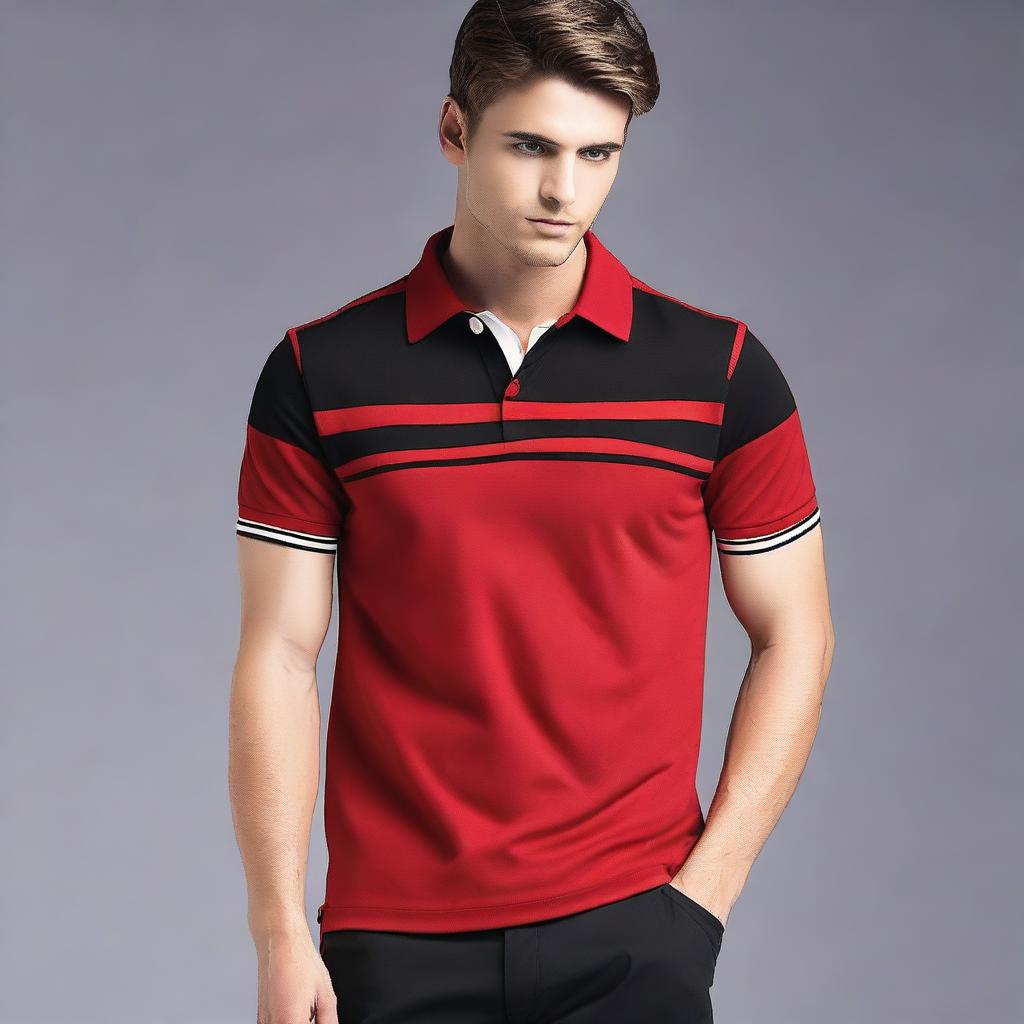 Create a polo shirt design featuring a modern and stylish pattern using the colors red, white, and black