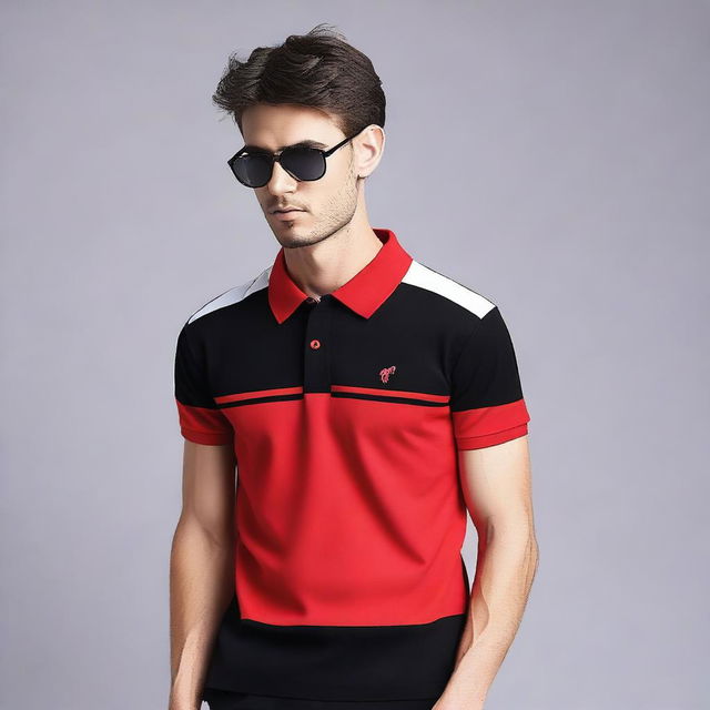 Create a polo shirt design featuring a modern and stylish pattern using the colors red, white, and black