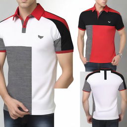 Create a polo shirt design featuring a modern and stylish pattern using the colors red, white, and black