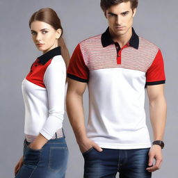 Create a polo shirt design featuring a modern and stylish pattern using the colors red, white, and black