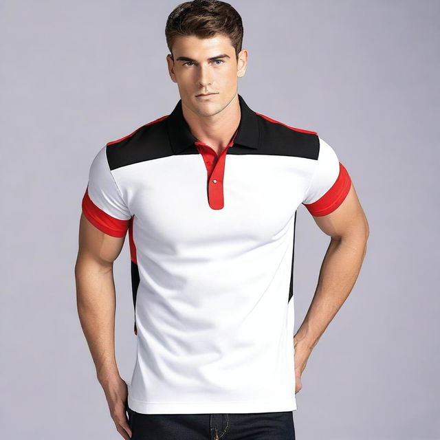 Create a design for a polo shirt featuring a combination of red, white, and black colors