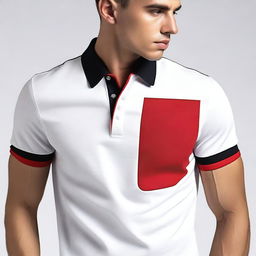 Create a design for a polo shirt featuring a combination of red, white, and black colors