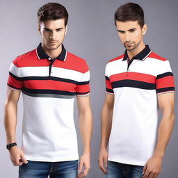 Create a design for a polo shirt featuring a combination of red, white, and black colors