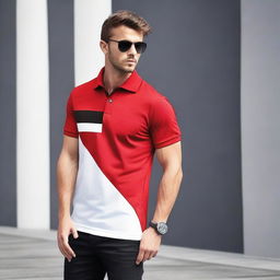 Create a design for a polo shirt featuring a combination of red, white, and black colors