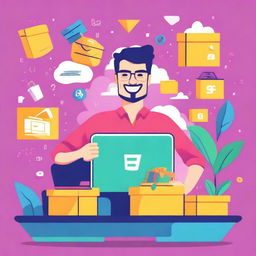 A vibrant and energetic illustration showcasing the theme 'Success with Shopify'