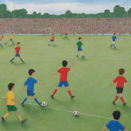 Football match scene, reimagine the previous prompt in the naive and simplistic true-to-life art style often seen in children's drawings.