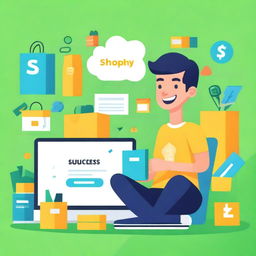 A vibrant and energetic illustration showcasing the theme 'Success with Shopify'