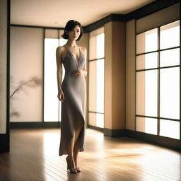 A slender Japanese woman wearing a very low cut dress, standing in a stylish and modern setting