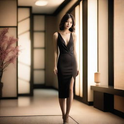 A slender Japanese woman wearing a very low cut dress, standing in a stylish and modern setting