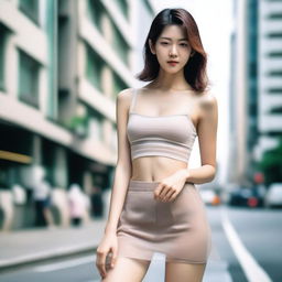 A slender Japanese woman is wearing a sheer crop top without a bra and a short skirt