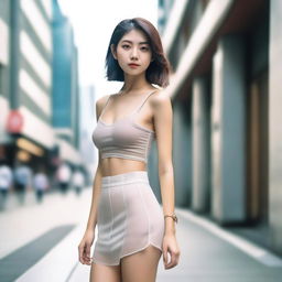 A slender Japanese woman is wearing a sheer crop top without a bra and a short skirt