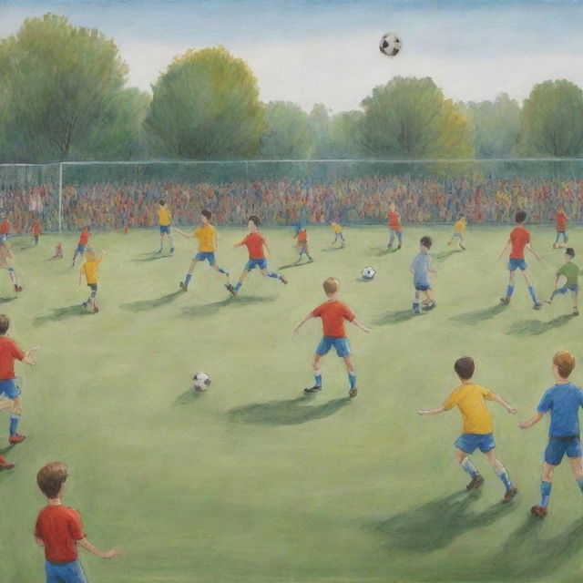 Football match scene, reimagine the previous prompt in the naive and simplistic true-to-life art style often seen in children's drawings.