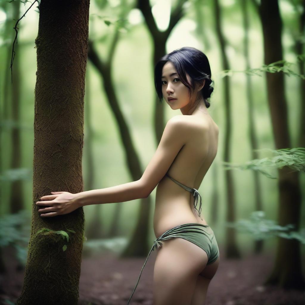 A slender Japanese woman in a bikini is tied to a tree in a serene forest setting