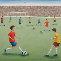 Football match scene, reimagine the previous prompt in the naive and simplistic true-to-life art style often seen in children's drawings.