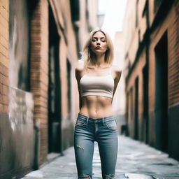 A slender blonde woman is wearing low-rise jeans and a tiny sheer crop top, with her nipples visible through the fabric