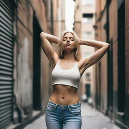 A slender blonde woman is wearing low-rise jeans and a tiny sheer crop top, with her nipples visible through the fabric