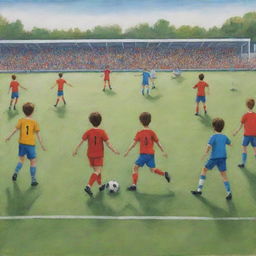 Football match scene, reimagine the previous prompt in the naive and simplistic true-to-life art style often seen in children's drawings.