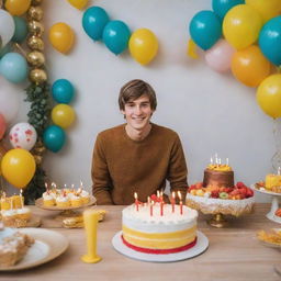 A birthday celebration scene for a person named Dendi with a festive setting, a beautifully decorated cake and party decorations