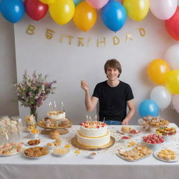 A birthday celebration scene for a person named Dendi with a festive setting, a beautifully decorated cake and party decorations