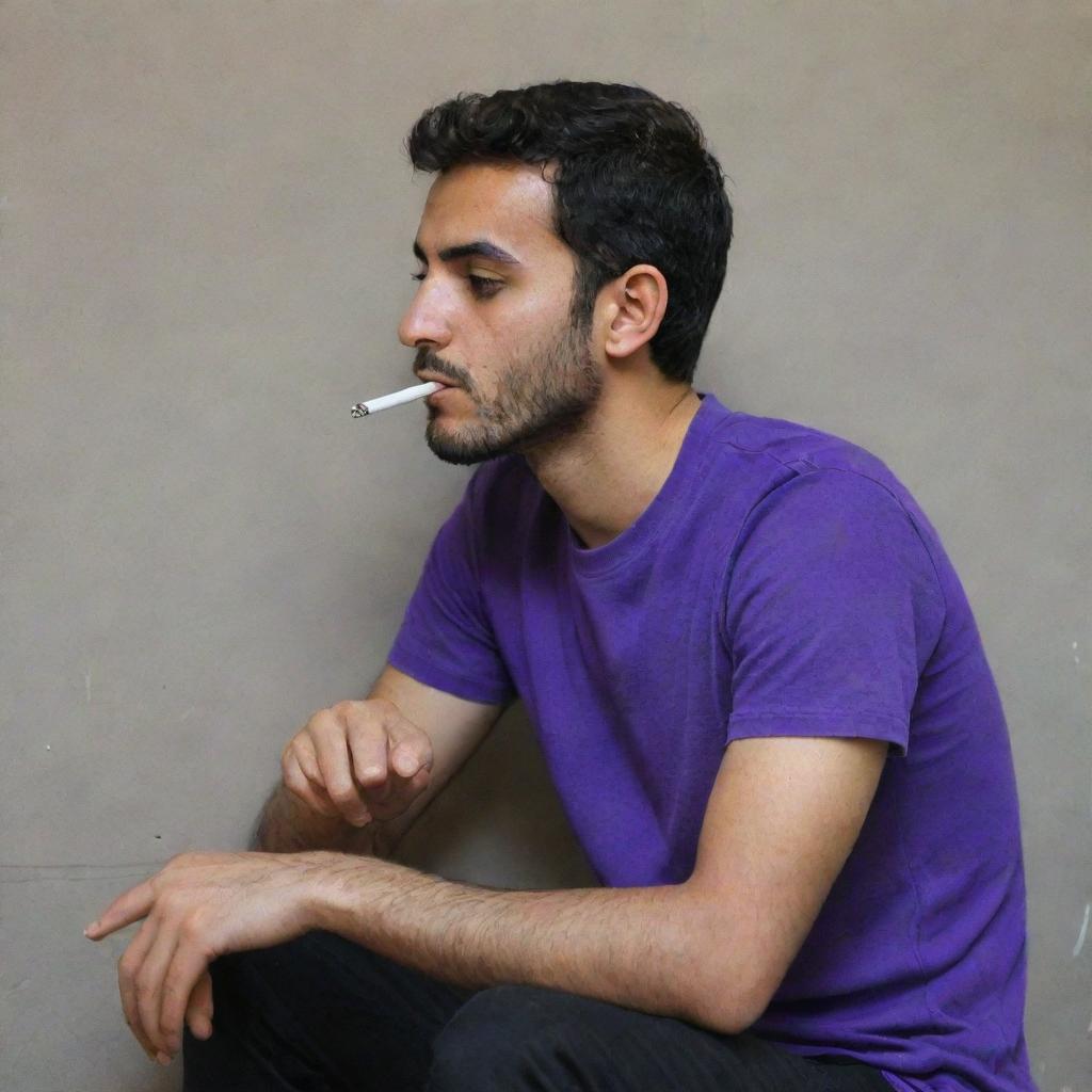 A 25-year-old Iranian Muslim man in a purple t-shirt and black pants, sitting pensively behind a wall while smoking.