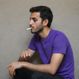 A 25-year-old Iranian Muslim man in a purple t-shirt and black pants, sitting pensively behind a wall while smoking.