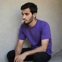 A 25-year-old Iranian Muslim man in a purple t-shirt and black pants, sitting pensively behind a wall while smoking.