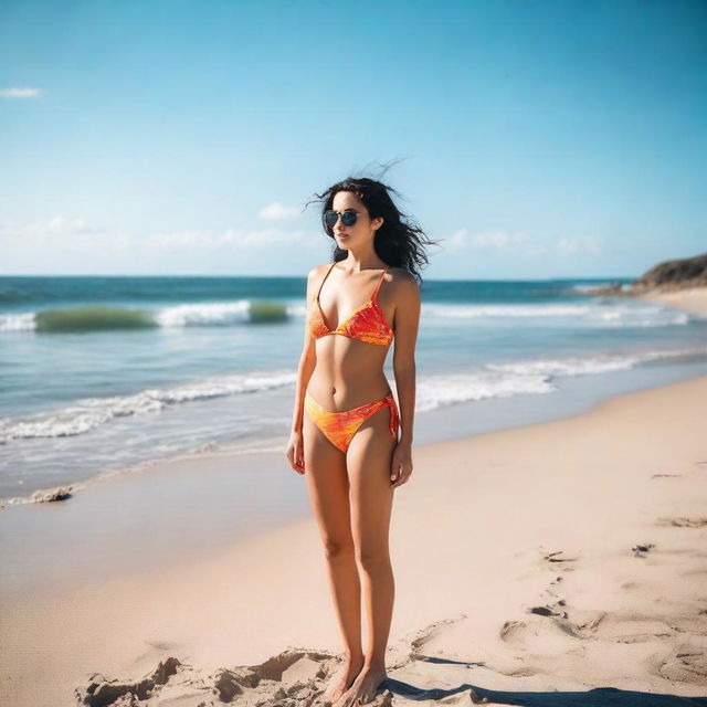 A person wearing a swimsuit, standing on a beach with the ocean in the background