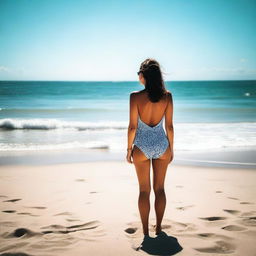 A person wearing a swimsuit, standing on a beach with the ocean in the background