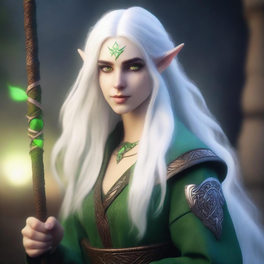 A portrait of a young night elf druid with long white hair and green eyes, holding a magic staff