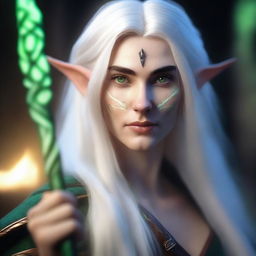 A portrait of a young night elf druid with long white hair and green eyes, holding a magic staff