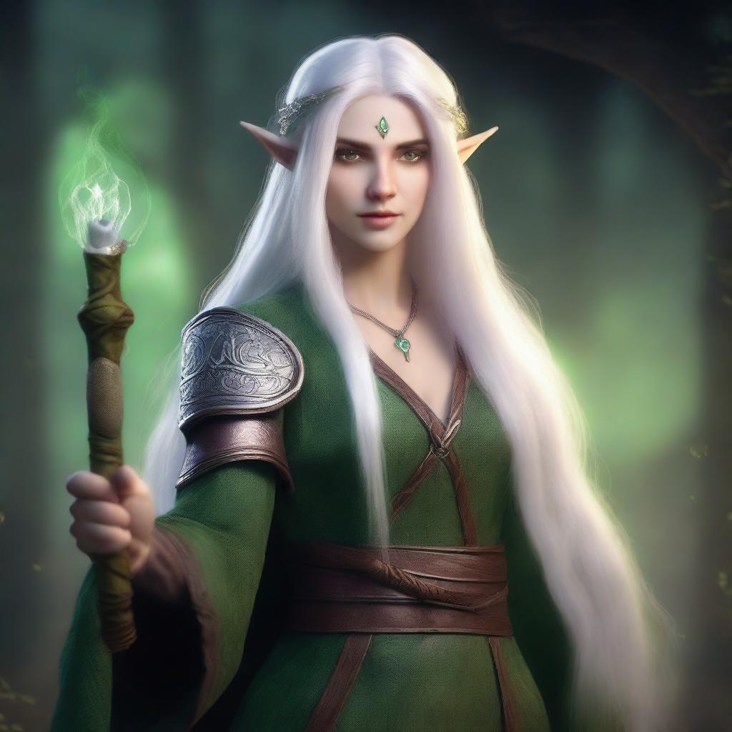 A portrait of a young night elf druid with long white hair and green eyes, holding a magic staff