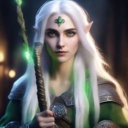 A portrait of a young night elf druid with long white hair and green eyes, holding a magic staff