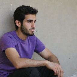 A 25-year-old Iranian Muslim man in a purple t-shirt and black pants, sitting pensively behind a wall while smoking.