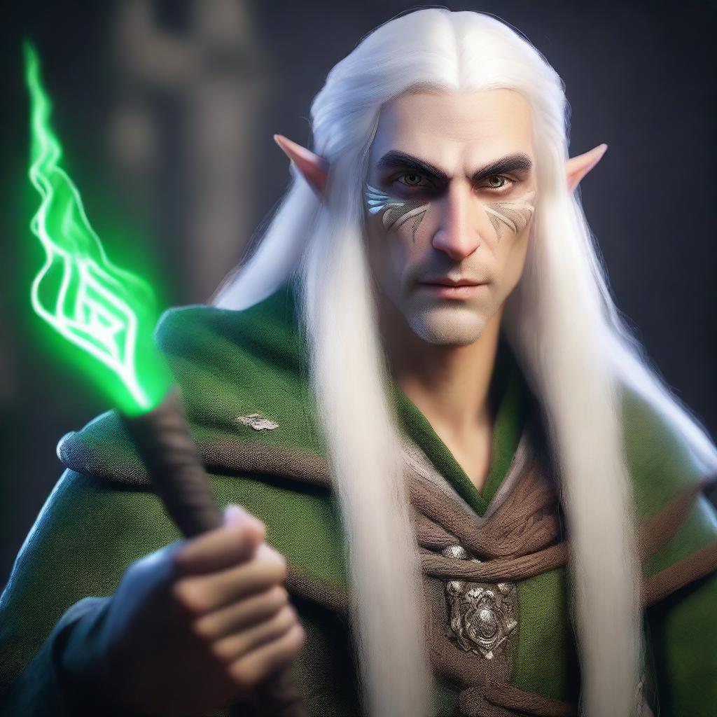 A portrait of a young male night elf druid with long white hair and green eyes, holding a magic staff