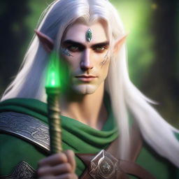 A portrait of a young male night elf druid with long white hair and green eyes, holding a magic staff