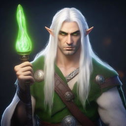 A portrait of a young male night elf druid with long white hair and green eyes, holding a magic staff