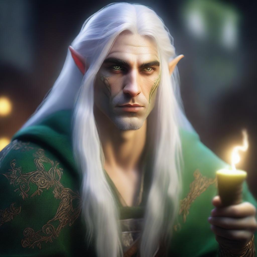 A portrait of a young male night elf druid with long white hair and green eyes, holding a magic staff