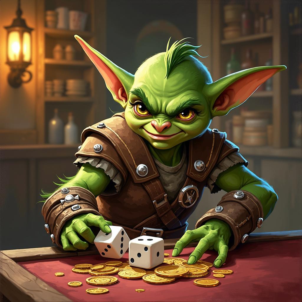 A little goblin warrior wins money playing dice in a lively tavern, depicted in a concept sketch style