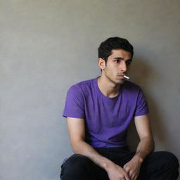 A 25-year-old Iranian Muslim man in a purple t-shirt and black pants, sitting pensively behind a wall while smoking.